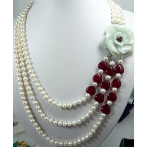 Beautiful lovely 3 rows stone gem White Pearl necklace word wholesale mujer for women -jewelry