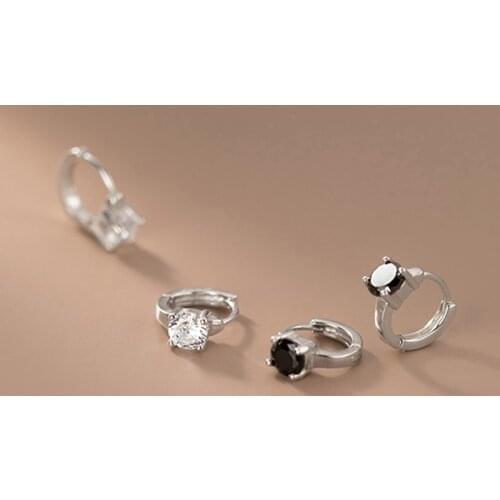 Real 925 Sterling Silver Round Zircon Hoop Earrings For Fashion Women Party Fine Jewelry Punk Minimalist Accessories