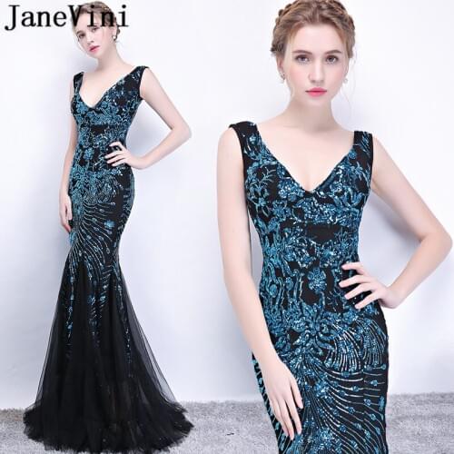 JaneVini Sexy Black Mother Of The Bride Dresses Luxury Sequined V-Neck Mermaid Tulle Long Party Evening Gowns Abito Mamma Sposa