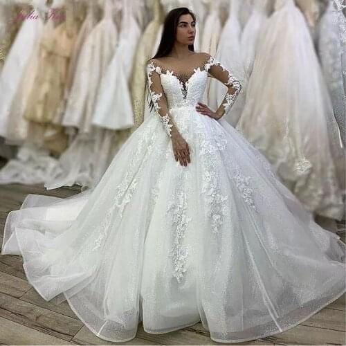 Julia Kui Full Sleeve Wedding Dress Ball Gown With Sparkle Lace Of Shiny Beads Scoop Neckline Bridal Dress