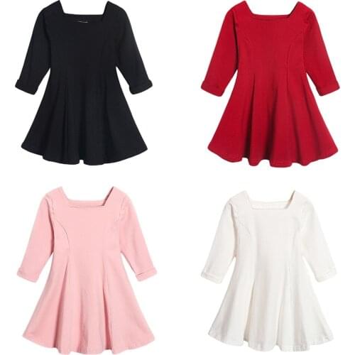 Spring Baby Girls Long Sleeve Solid Color Cotton Dress Kids Casual Instagramable Princess Dress 1-8Y