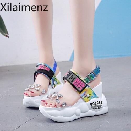 2021 Summer Women Sandals Fashion Transparent Diamond Wedge Sandal Rhinestone High Heels 10cm Chunky Platform Shoes Woman