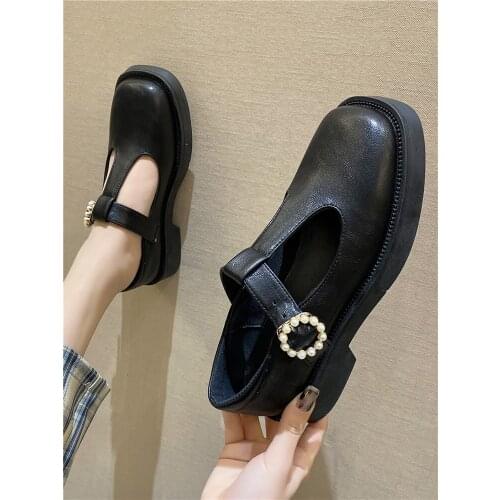 Retro British style ladies small leather shoes square toe pearl flat casual single shoes college style summer fashion simple