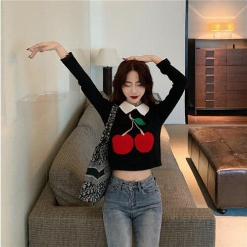 Woman Sweaters Pullover Fall Internet Celebrity Black Polo Collar Knitted Cherry Cropped Pullover Girl Blouse Femme Chandails