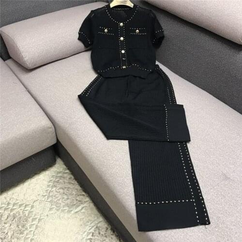 2020 Women Golden Button Hollow Out Knitting Tops+Wide Leg Pants 2Pcs Sets Casual Short Sleeve Tops Knitwear Trousers Suit