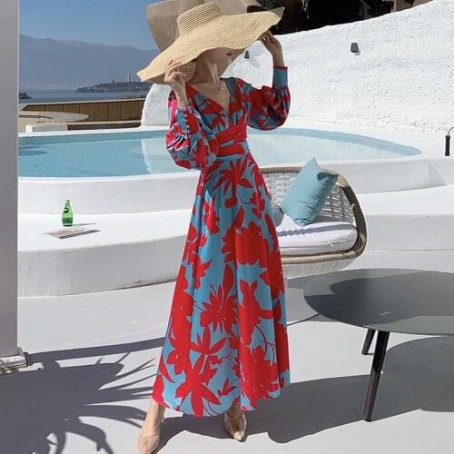 Fashion Korean Vintage Lantern Sleeve Sexy V-Neck Maxi Party Dress Ladies Elegant Robe Backless Print Satin Beach Vacation Dress