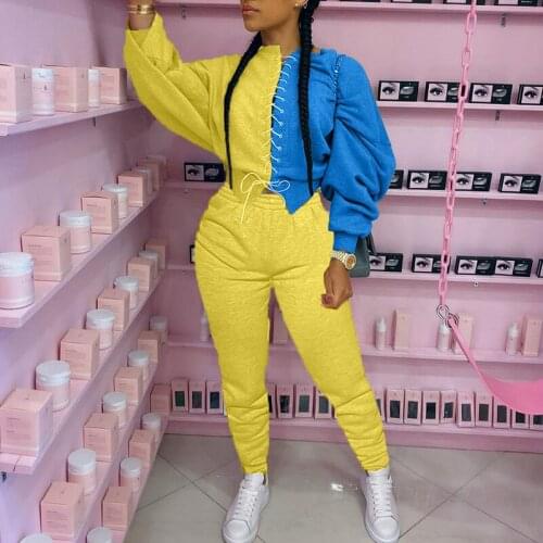 Winter Womens Fashion Patchwork 2 Two Piece Set Tracksuit Streetwear Long Sleeve Sweatershirt + Pants Female Matching Set 202