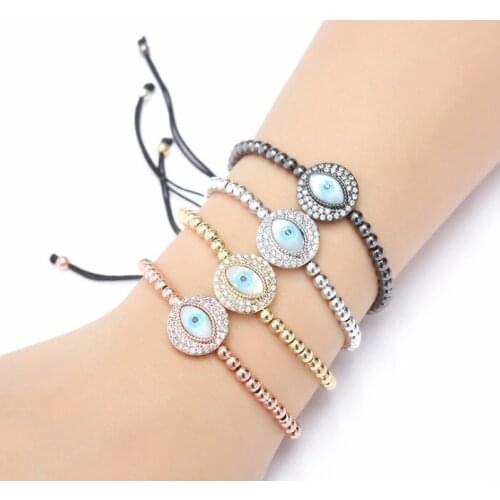 Gold silver micro pave cz Cubic Zirconia rope adjusted Copper Beads Bracelet hef2 Eye Charm Braided Bangles Women