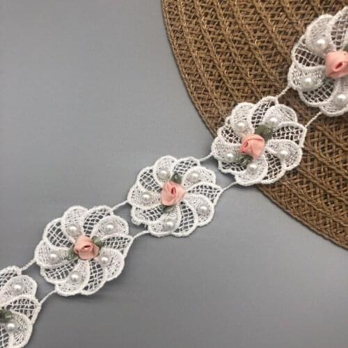 1 Yards Pearl Beaded 3D Flower Lace Ribbon Border Edge Trim Fabric Embroidered Applique Sewing Craft Hat Dress Accessories