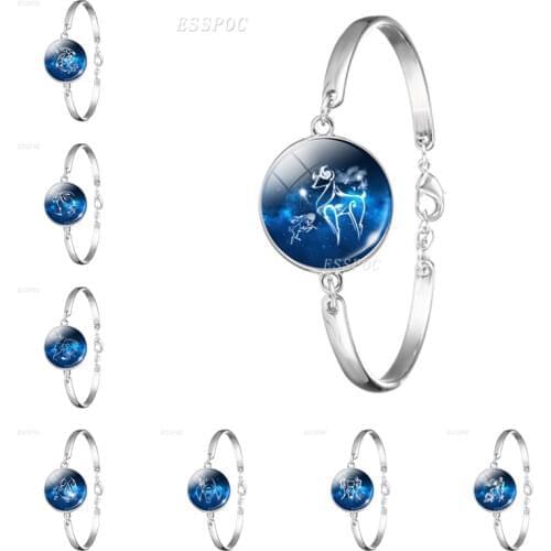 12 Zodiac Sign Bracelet Charm Glass Cabochon Chain Bangle Virgo Sagittarius Libra Scorpio Constellation Jewelry Birthday Gift