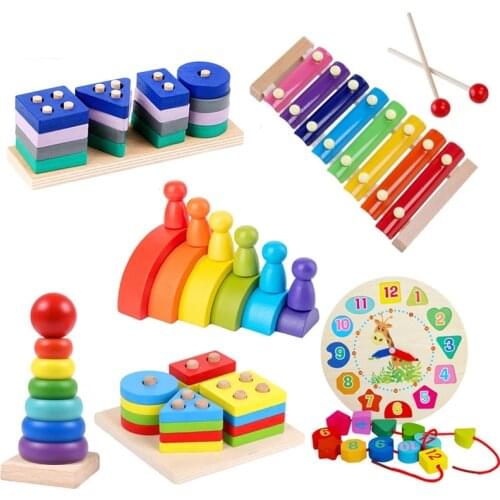 Kids Montessori Wooden Toys Rainbow Blocks Kid Learning Toy Baby Music Rattles Graphic Colorful Wooden Blocks Educational Toy