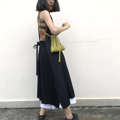 Designer Wrinkle and Fold Strap Skirt Pleated Skirt Black