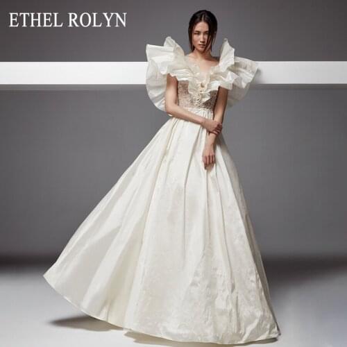 Elegant Satin A-Line Wedding Dress 2021 Sexy Backless V-Neck Illusion Beaded Lace Bride ETHEL ROLYN Bridal Gown Vestido De Noiva