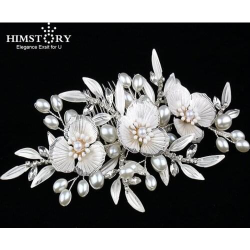 HIMSTORY Charm Flower Side Hair Comb Floral Crystal Bridal Head Piece Pearls Wedding Hair Comb For Bridesmaid Jewelry Accessorie