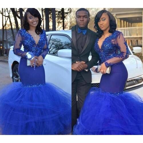 Royal Blue V Neck Prom Dresses South African Black Girls Formal Pageant Holidays Wear Graduation Evening Party Gowns Custom Made