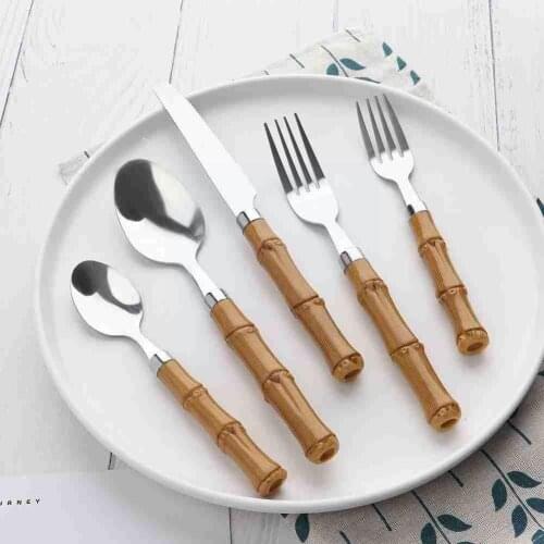 Bamboo Handle Spoon Fork Knife Steel Western Tableware Salad Soup Dessert For Porridge T9A8