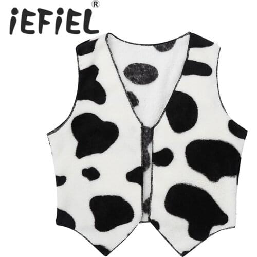 Fashion Unisex Kids Boys Girls Cowboy Cowgirl Fancy Dress Costume Flannel Sleeveless Open Front Cow Printed Vest Waistcoat Tops