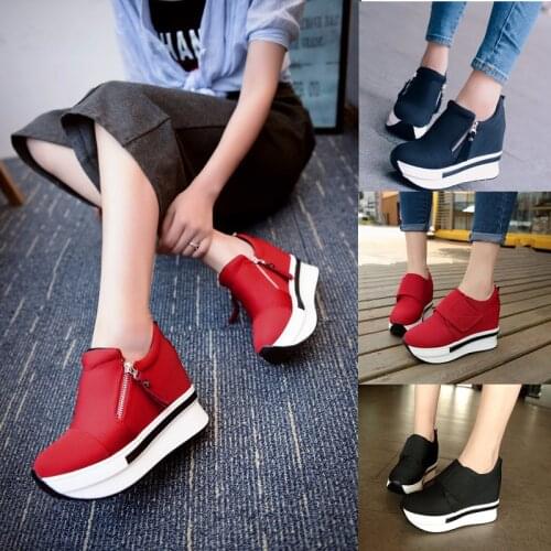 Women Casual Shoes Autumn Leather Women Shoes Silver Zippers & Platform Women Fashion Shoes High top Wedges Heels