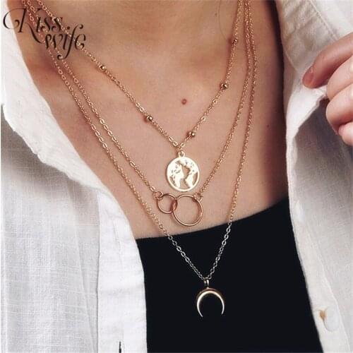 Vintage Moon Map Necklace For Women Bohemian Multilayer Circle Coin Pendant Necklaces Star Beads Choker Jewelry