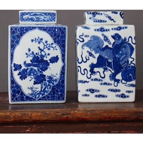 Jingdezhen Blue And White Porcelain Square Jar Kylin Ceramic Ornament Tea Can Storage Jar Study Antique Shelf Decoration