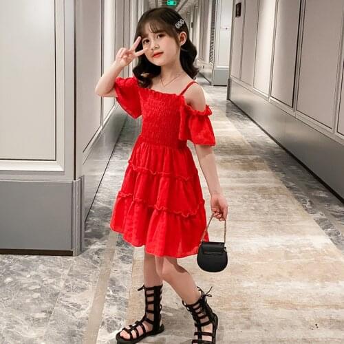 #VW Shoulderless Strap Ruched Dress Summer Solid Tiered Ruched Princess Dresses Kids Baby Children Girls Cute Dress robe fille