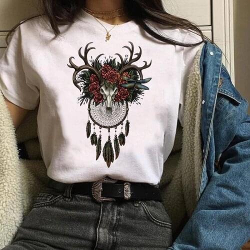 Women T Shirt Womens Graphic Feather Heifer Skull Bull Vintage Mujer Camisetas Print Clothes Lady Tees Tops Female T-Shirt