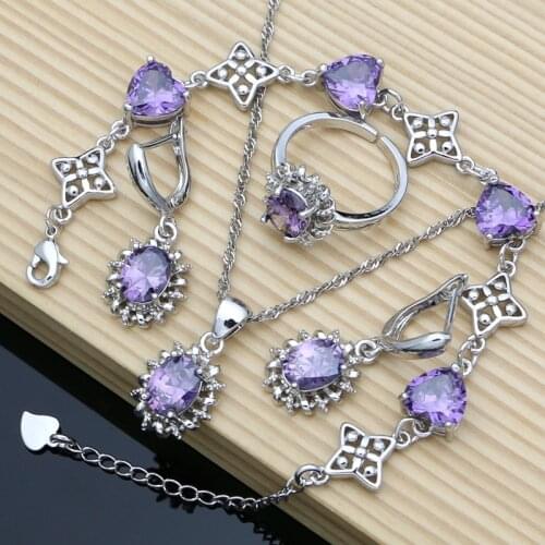 Women Silver 925 Earrings Jewelry Sets Purple Amethyst Birthstone Jewelry Gift for Her Party Anniversary Necklace Sets 7 Colors
