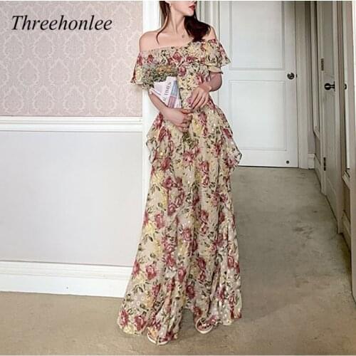 Women Korean Elegant Vintage Dress Floral Floor-Length Beach Sexy Wedding Party Long Dress Female Korea Style 2021 Summer