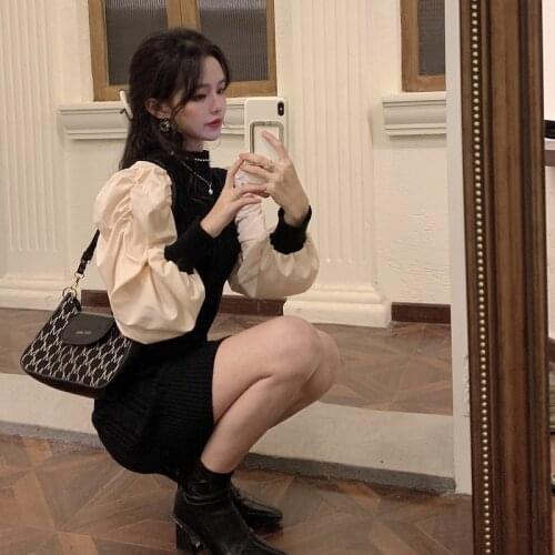 Vestidos De Mujer Vintage Autumn Winter Retro O Neck Puff Sleeve Black Knit Dress Women Wrap Hip Sexy Fashion Patchwork Slim