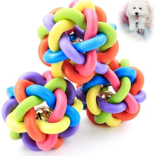 1PCS Pets Rope Bite Ball Toys Dog Chewing Balls Dog Cat Toy Colorful Squeak Rubber Round Ball with Small Bell Toy Pet Accessorie