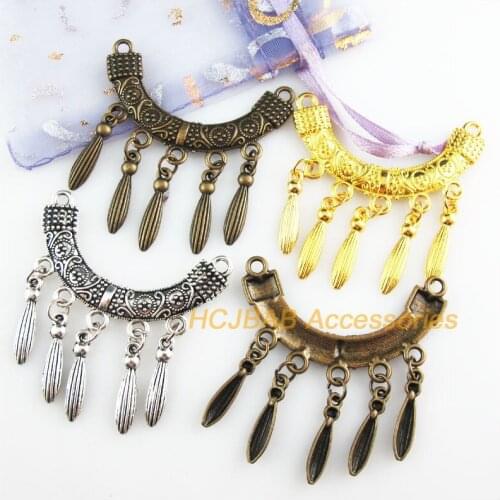 5Pcs Retro Gold Tibetan Silver Bronze Tone Moon Tassels Blue&Red Stone Charms Connectors 45x48mm