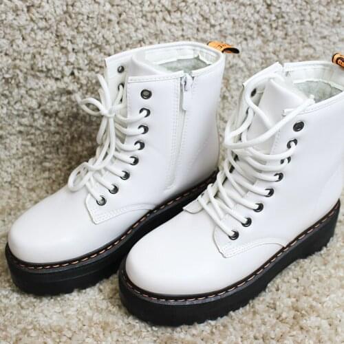 Women Fashion Motorcycle Boots Warm Ladies Thin Cotton Lace-up Patent Leather Ankle Boot Womens Shoes Martin Boot Autumn Winter