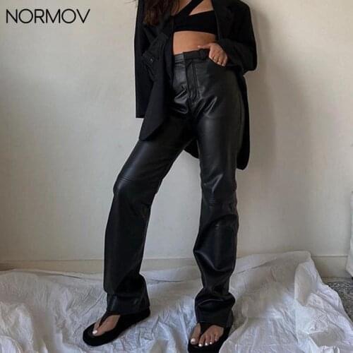 NORMOV Fashion Y2K Leather Pants Women Pockets High Waist Vintage Straight Pants Solid Casual PU Pencil Pants Streetwear Trouser
