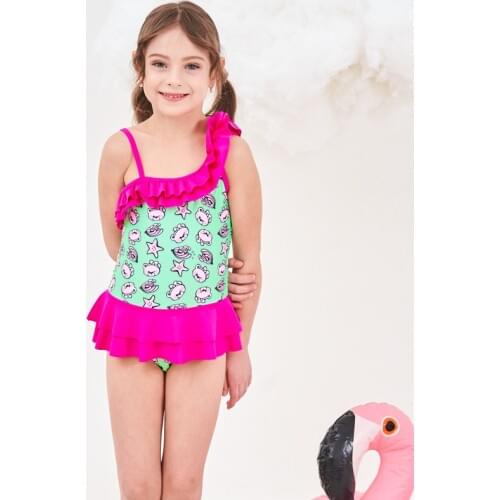 2019 New Baby Girl Swimsuit Children One Piece Swimwear Pretty Flounce One Shoulder Ruffled Swimsuit Age 3-8 Years