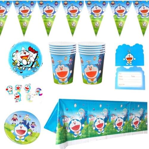 Doraemon Theme Invitation Cards Cups Dishes Banner Aluminum Foil Balloons Tablecloth Cake toppers Tableware 69pcs/lot