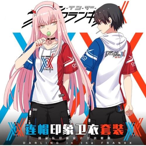 Anime Darling in the Franxx Zero Two Cosplay T-Shirt Unisex Summer Short Sleeve Hooded Top Black Pants Shorts