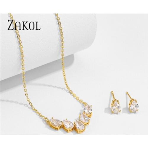 ZAKOL Brand Elegance Charm Water Drop AAA Cubic Zircon Crystal Earrings Necklace Set For Women Popular Bride Jewelry Gift