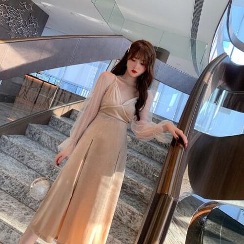 Korean Fashion Woman Corset Loose Elegant Party Dresses Autumn Clothing for Ladies Mesh Patchwork Long Sleeve Velvet Dress Fall