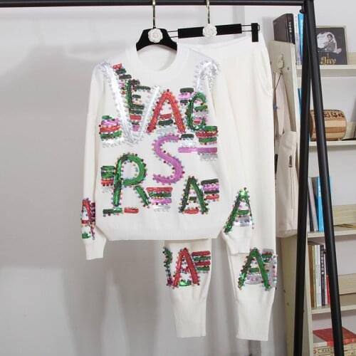 Fashion Beading Letter Sequins Knitted Tracksuits Women Two Piece Outfits Loose Black Gray White Knit Sweater Pants Set Female