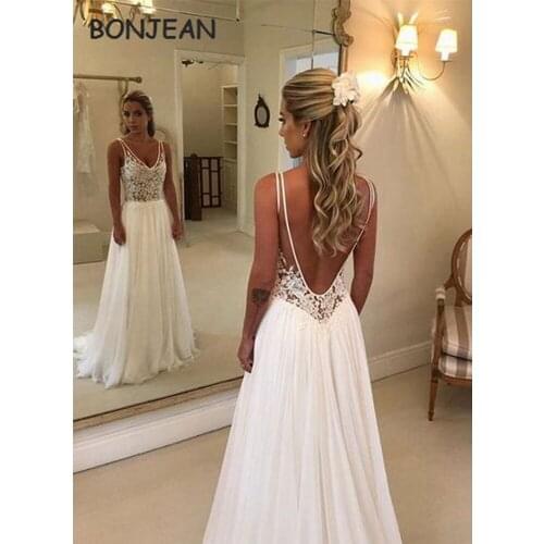A-Line Lace Wedding Dresses Spaghetti Appliques White V Neck Sleeveless Bridal Gowns Backless abiti da sposa