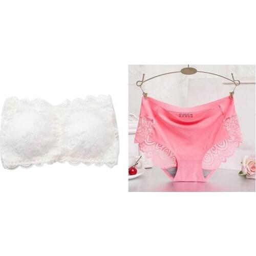 Hot Kf-1 Pcs Gather Tube Top Strapless Chest Wrap White & 1 Pcs Lace Edge Ice Silk Mid-Waist Briefs Panties Watermelon Red M