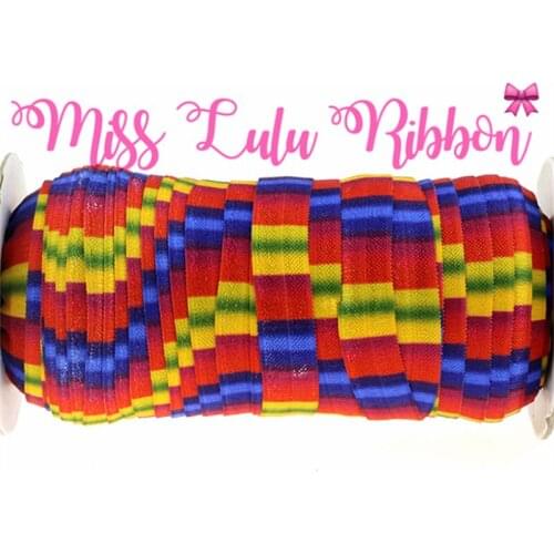 MD1501013-25-2423 5/8"16mm Colorful Rainbow Stripes Printed Elastic Ribbon Knot Hair Tie DIY Party Home Decor 50yards/roll