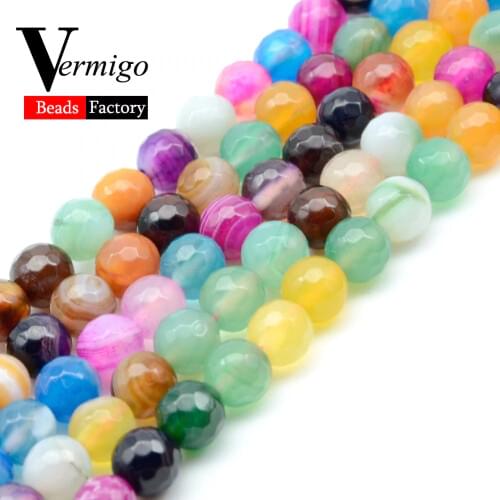 Faceted Multicolor Stripe Agates Beads Natural Stone Onyx Beads For Beadwork 4 6 8 10mm Diy Mineral Beads Bracelet 15"Strand