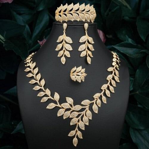 ModemAngel Exquisite Leaves Cubic Zirconia Stones Gold Color Women Wedding Bridal Necklace Bangle Earring Ring Set