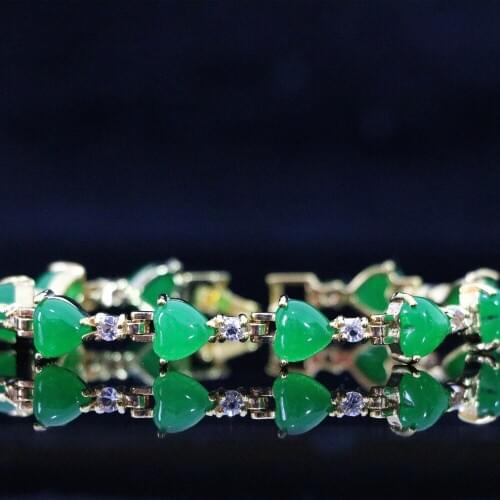 Fashion High grade elegant women bracelet oval heart green jades chalcedony stone crystal gold-color jewelry 7.5"B1169