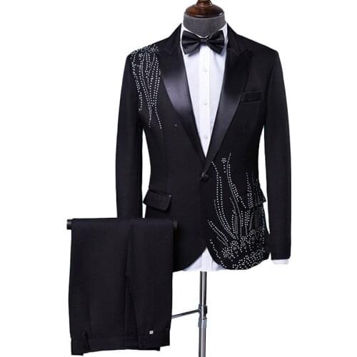Mens Stylish Stick Rhinestone Design Suit Stage Singer Wedding Groom Suit Men Costume Homme Black White terno masculino