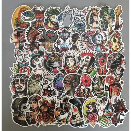 50pcs/lot Black&white Old School Tattoo Stickers For Laptop Suitcase Skateboard Little Vintage Style Waterproof Stickers