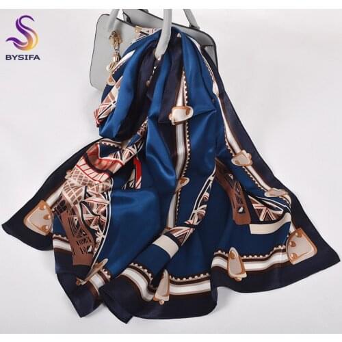 BYSIFA|Luxury Pure Silk Indigo Scarf Shawl Women Long Scarves Fashion Eiffel Tower Design 100% Silk Scarf Hijab Foulard 175*52cm
