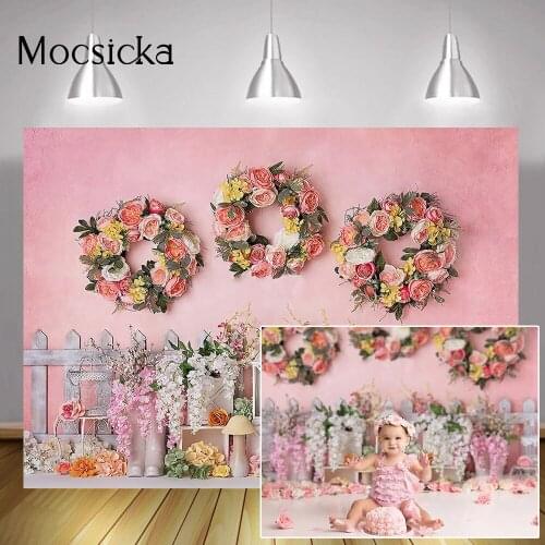 Pink Floral Birthday Portrait Backdrop Flowers Garden Rose Children Birthday Cake Smash Background Photo Studio Photocall Props