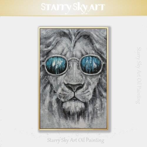 Handmade High Quality Modern Abstract Lion with Glasses Oil Painting on Canvas Pop Fine Art Animal Lion and Tiger Oil Painting